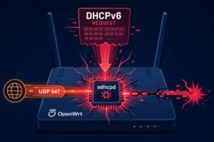 OpenWrt router displaying critical odhcpd vulnerability and DHCPv6 data flow.