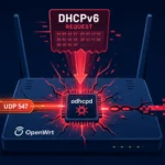 Grafik eines Routers mit odhcpd, der auf eine Sicherheitsanfälligkeit hinweist.