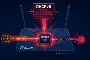 Логотип OpenWrt на роутере с иллюстрацией атаки на odhcpd через DHCPv6.