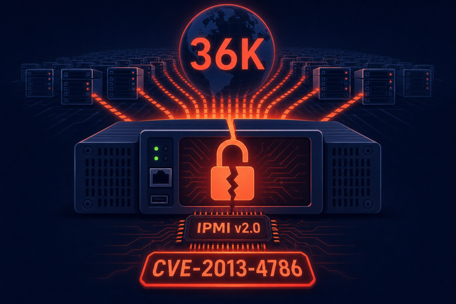 Digital illustration highlighting an IPMI v2.0 vulnerability affecting 36K BMCs.