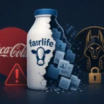 Botella de Fairlife con documentos digitales y logotipos de Coca-Cola y un candado.