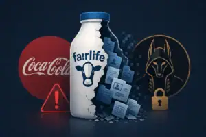 Пляшка Fairlife на фоні логотипу Coca-Cola та елементів кібербезпеки.