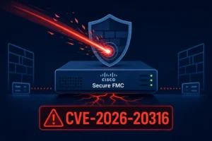 Illustration of Cisco Secure FMC with CVE-2026-20316 alert and shield.