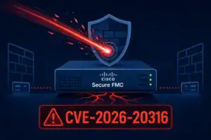 Cisco Secure FMC mit Warnsymbol für CVE-2026-20316 auf dunklem Hintergrund.