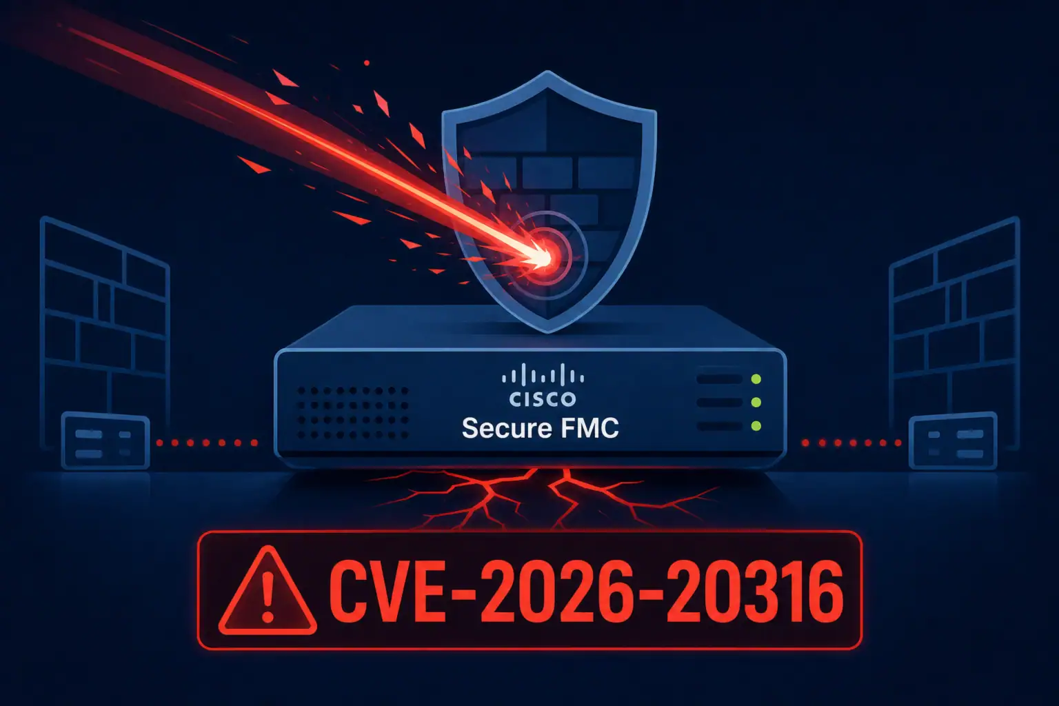 Cisco Secure FMC з символом вразливості CVE-2026-20316 на темному фоні.