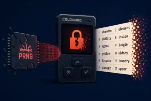 Аппаратный кошелек Coldcard с поврежденным замком и элементами PRNG.
