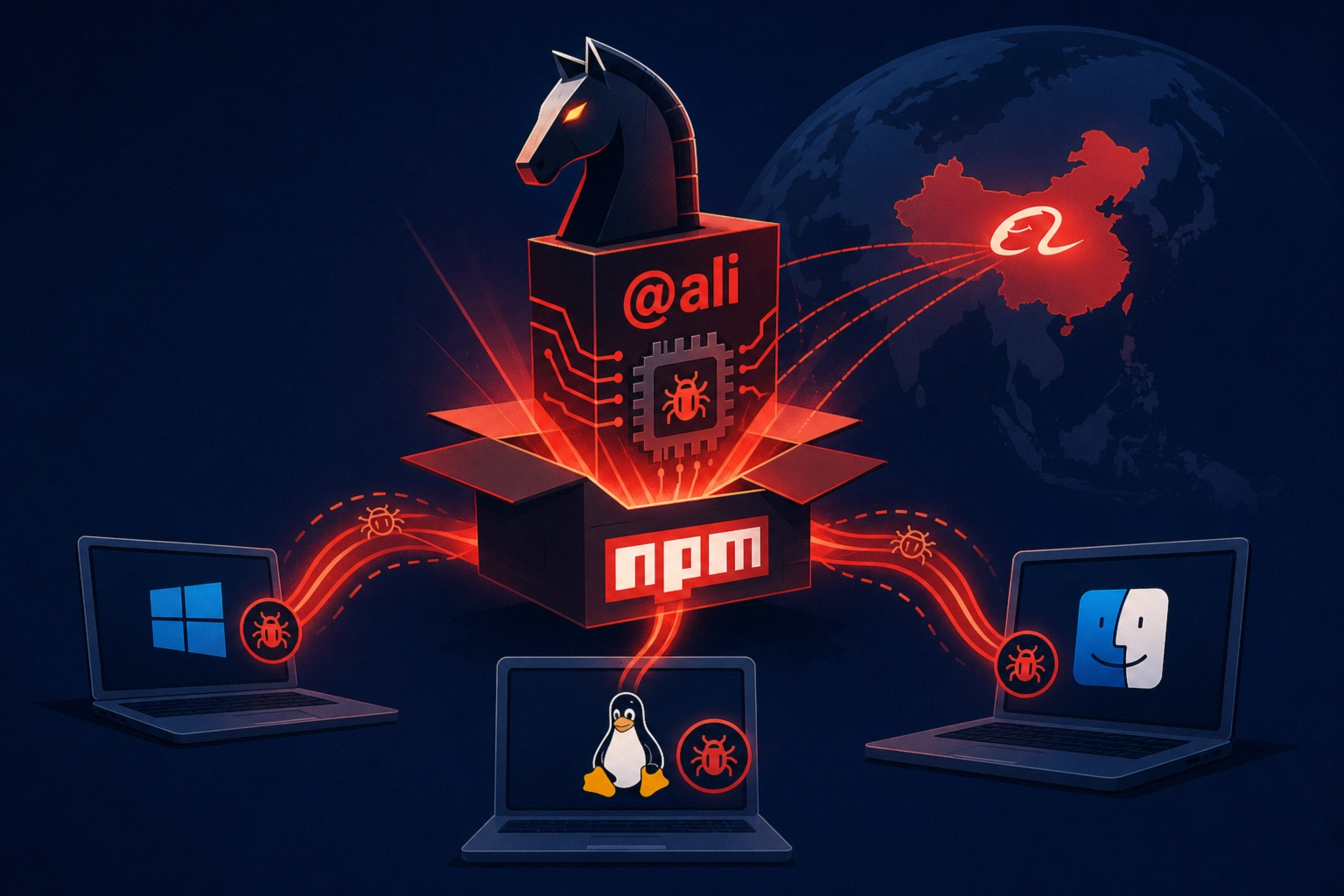 Malicious npm packages targeting Alibaba developers illustrated with a Trojan horse.