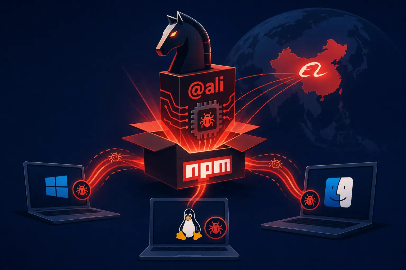 Caballo de Troya sobresaliendo de una caja npm con dispositivos conectados.