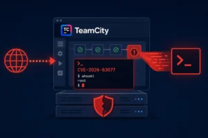 Зображення інтерфейсу TeamCity з вразливістю RCE та попередженням про загрозу.