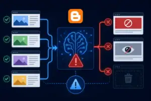 Схема действий Google Blogger с изображениями и предупреждениями о безопасности.