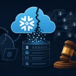 Graphic depicting a hacker, cloud breach, and legal gavel related to Snowflake.