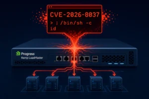 Progress Kemp LoadMaster connected to multiple servers, highlighting CVE-2026-8037.