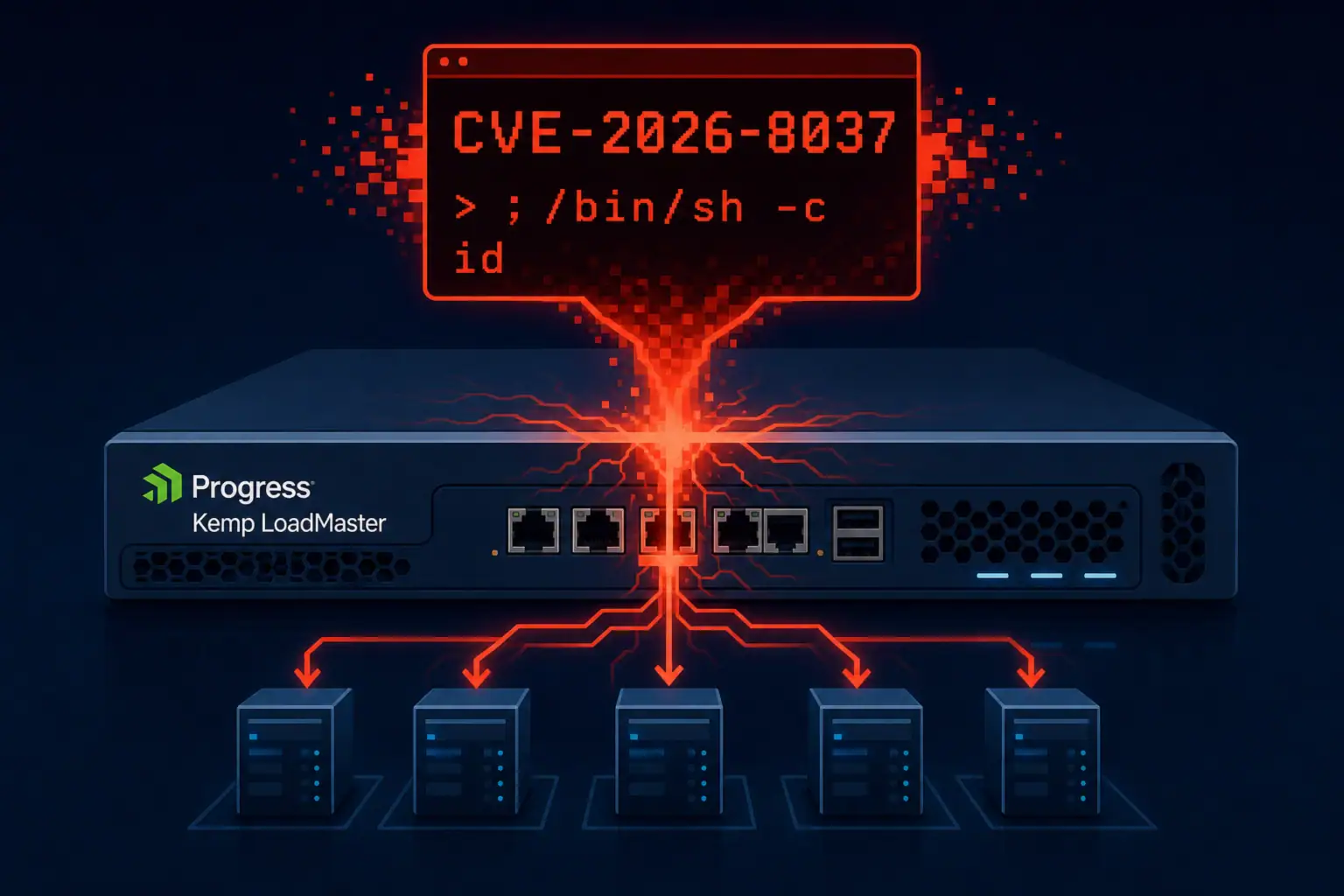 Устройство Kemp LoadMaster с кодом уязвимости CVE-2026-8037 на экране.