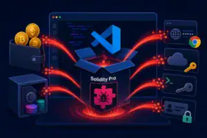 Illustrationen der schädlichen VS Code-Erweiterung 'Solidity Pro', die Crypto stiehlt.
