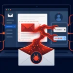 Konzeptuelle Illustration von Webmail-Angriffen mit Passworteingaben.