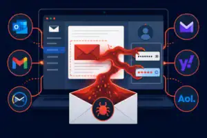 Компьютер с вредоносным письмом, символизирующий киберугрозы для webmail.