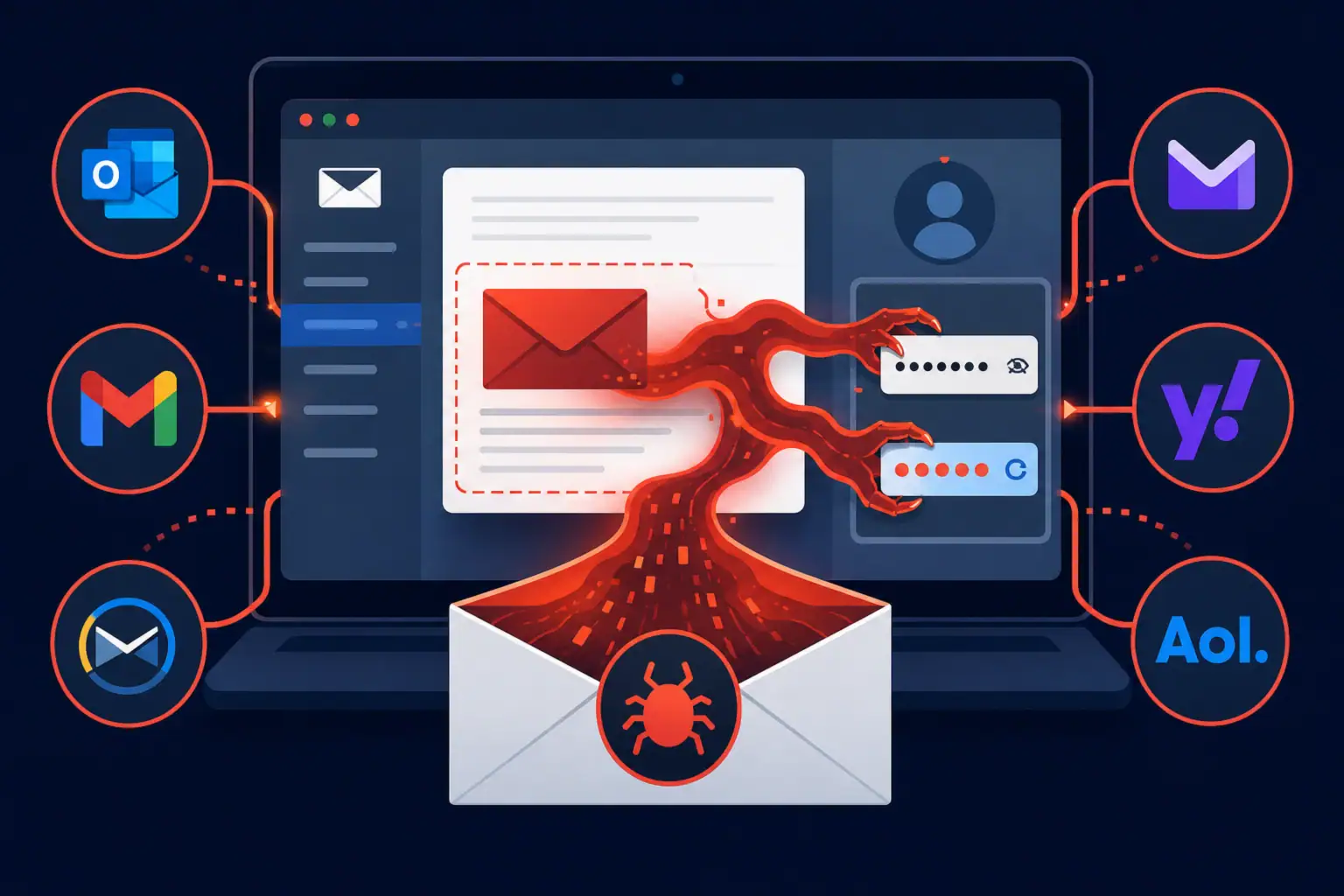 Konzeptuelle Illustration von Webmail-Angriffen mit Passworteingaben.
