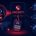** Vishing attack graphic highlighting UNC6671 and cloud accounts.