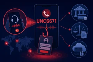 ** Vishing attack graphic highlighting UNC6671 and cloud accounts.