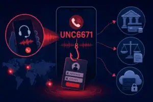 Visualisierung eines Vishing-Angriffs mit Telefon und Sicherheitsdaten.