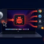 Ilustración de un ataque de malware en un MacBook relacionado con criptomonedas.