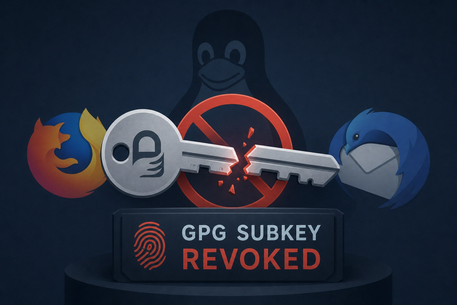 GPG subkey revoked graphic featuring Firefox, Linux, and Thunderbird icons.