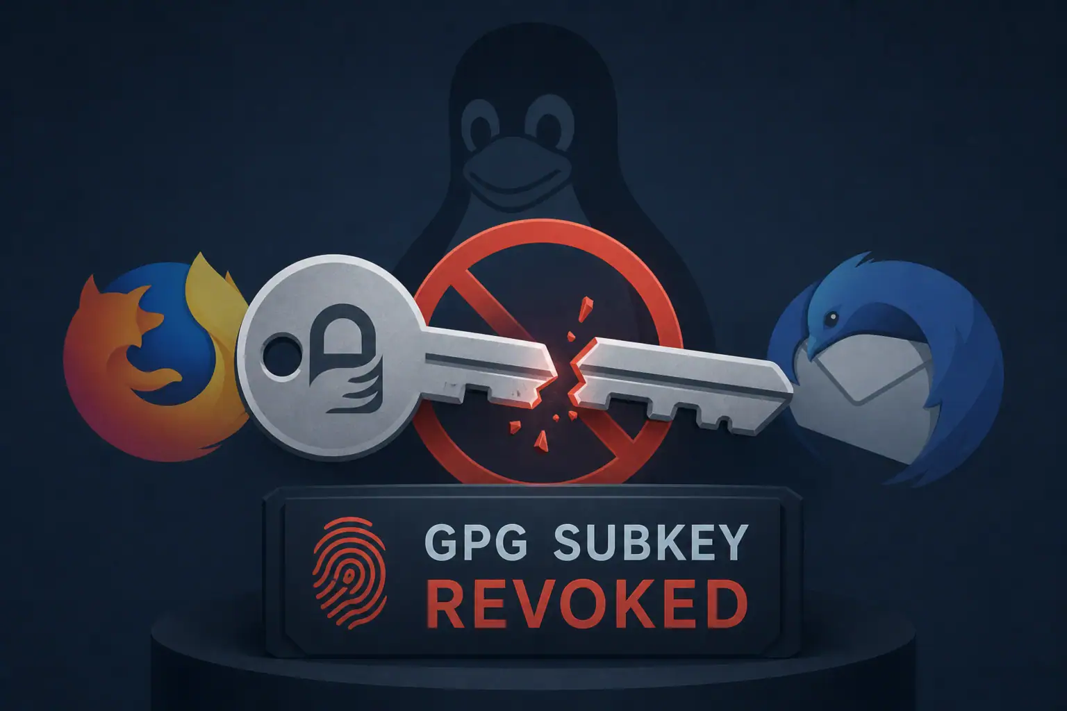 Логотипы Firefox, Linux и Thunderbird с разорванным ключом и текстом «GPG Subkey Revoked».