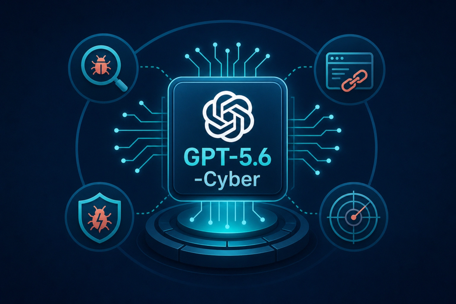 Graphic representation of GPT-5.6-Cyber AI with technological elements.