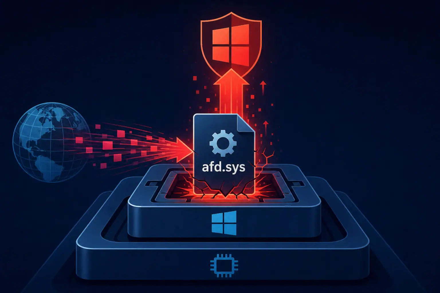 Анимация, иллюстрирующая обновление безопасности Windows и файл afd.sys.