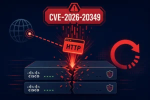 Cisco servers illustrating VPN DoS flaw CVE-2026-20349 with alert symbol.
