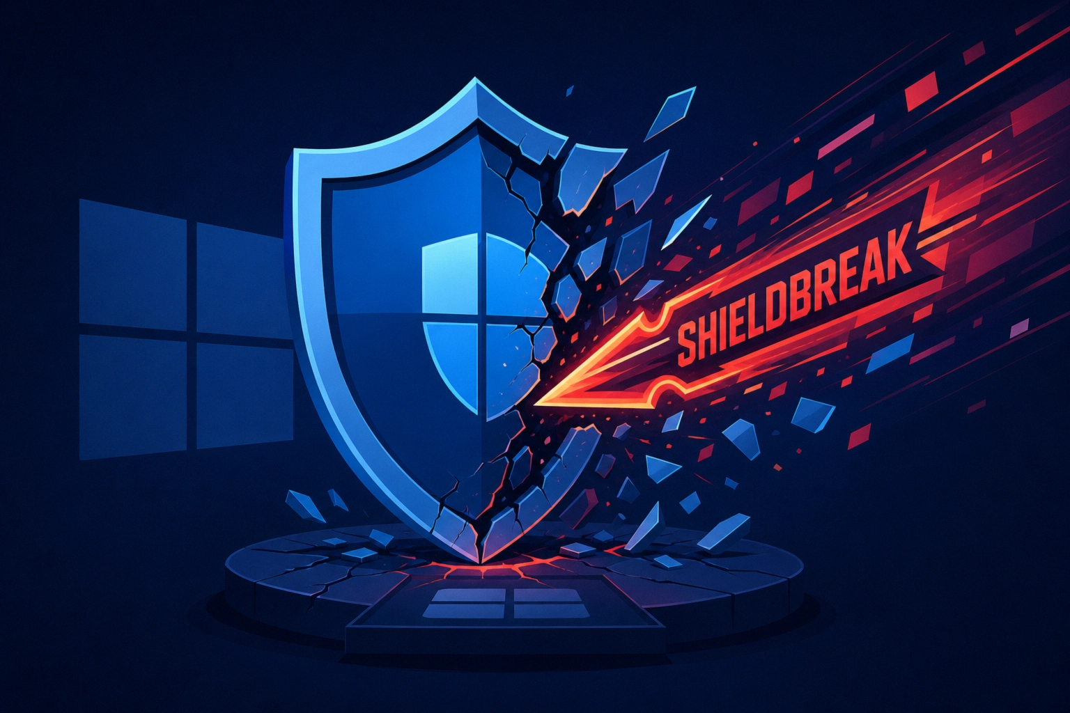 Shield breaking apart with the word "SHIELDBREAK" in bold red letters.