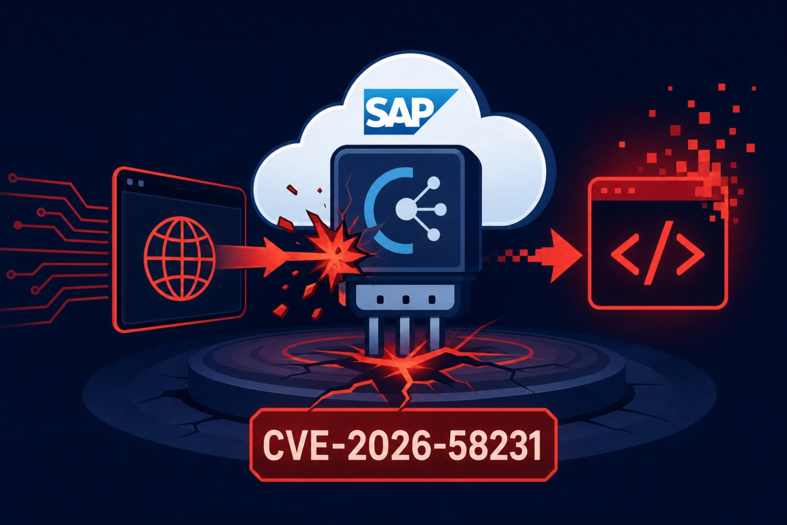 Graphic illustrating SAP vulnerabilities with a focus on CVE-2026-58231.