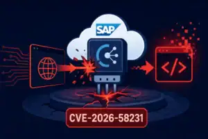 Representación gráfica de vulnerabilidades críticas en SAP con el CVE-2026-58231.