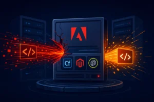 Adobe logo on a server with code symbols and bursts, highlighting vulnerabilities.