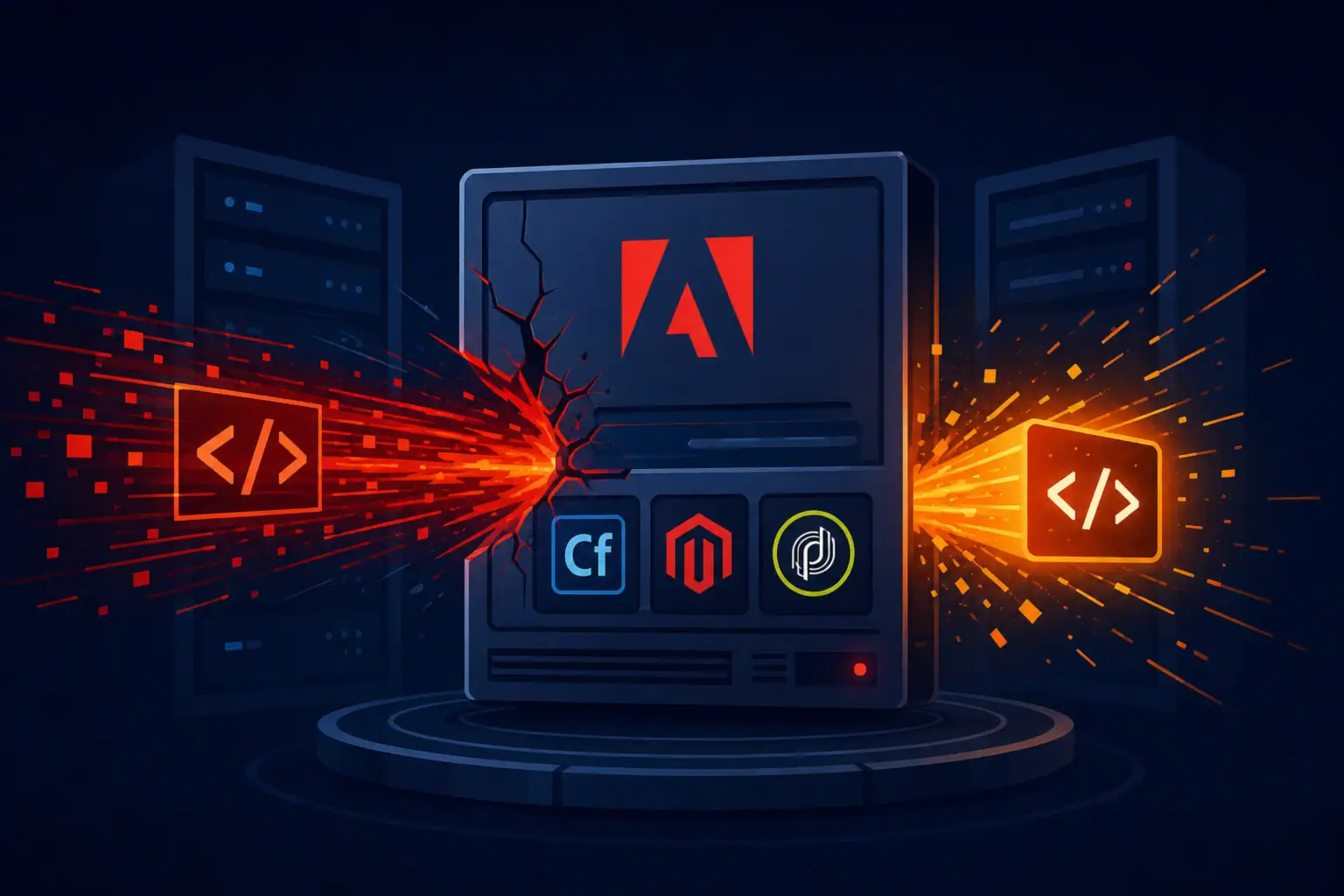 Adobe logo on a server with code symbols and bursts, highlighting vulnerabilities.