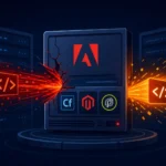 Визуализация уязвимости Adobe ColdFusion с взрывом кода и логотипами.