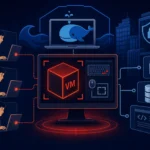 North Korean IT workers connected to a virtual machine in a tech-themed illustration.