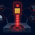 SIM card with a bug icon exploiting IoT modem vulnerabilities visually illustrated.
