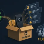 Trezor hardware wallet in a box with data breach statistics displayed.