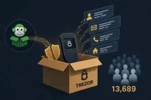Trezor hardware wallet in a box with data breach statistics displayed.