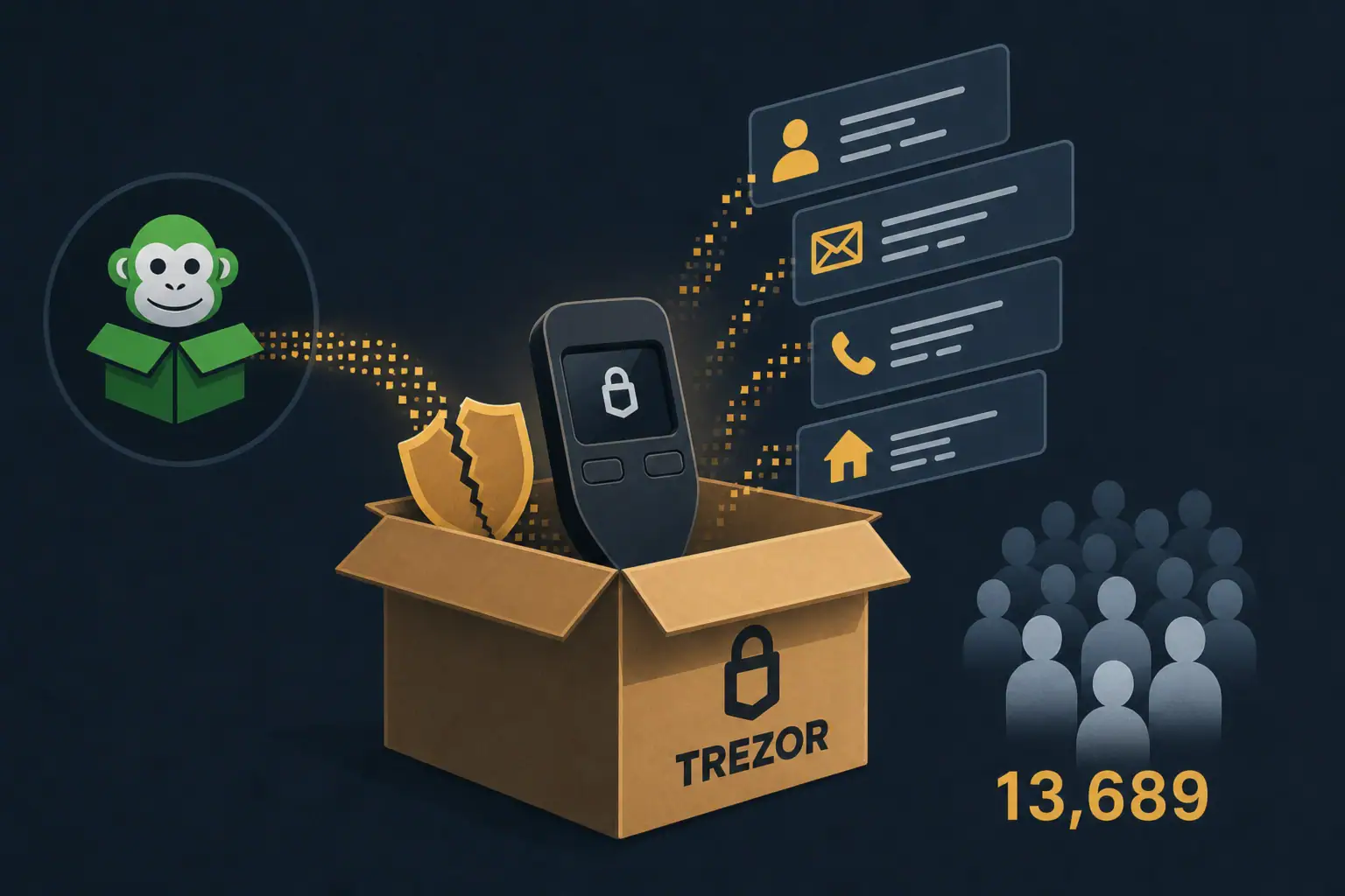 Trezor hardware wallet in a box with data breach statistics displayed.