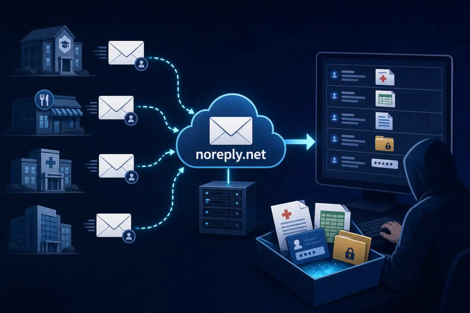 Visual representation of data leaks from noreply domains and their implications.