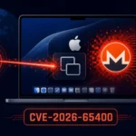 ** Visual representation of a macOS security vulnerability attack with icons and symbols.