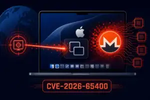 ** Visual representation of a macOS security vulnerability attack with icons and symbols.