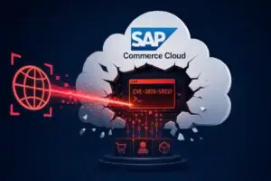 SAP Commerce Cloud logo with a RCE vulnerability display and digital elements.