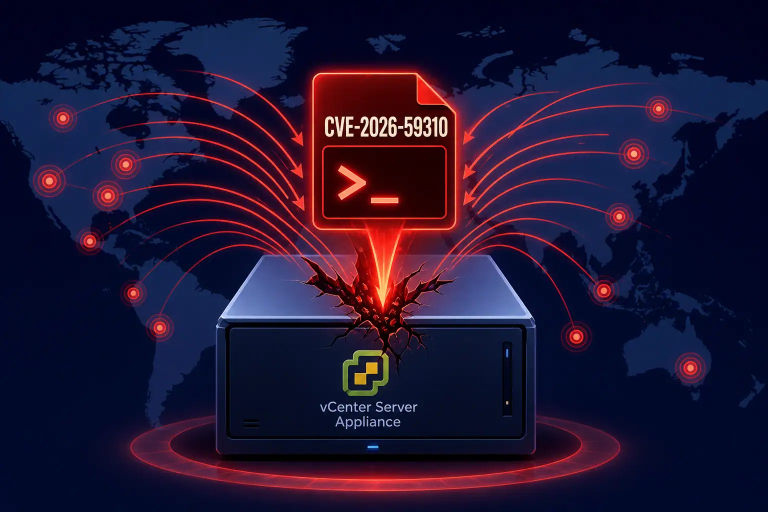 Visualisierung einer Cyberattacke auf vCenter Server Appliance mit Fehlercode.