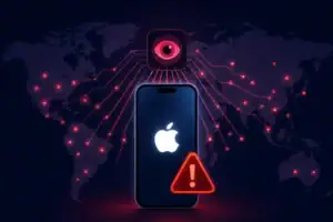 Apple logo on smartphone with warning triangle and global spyware alert.