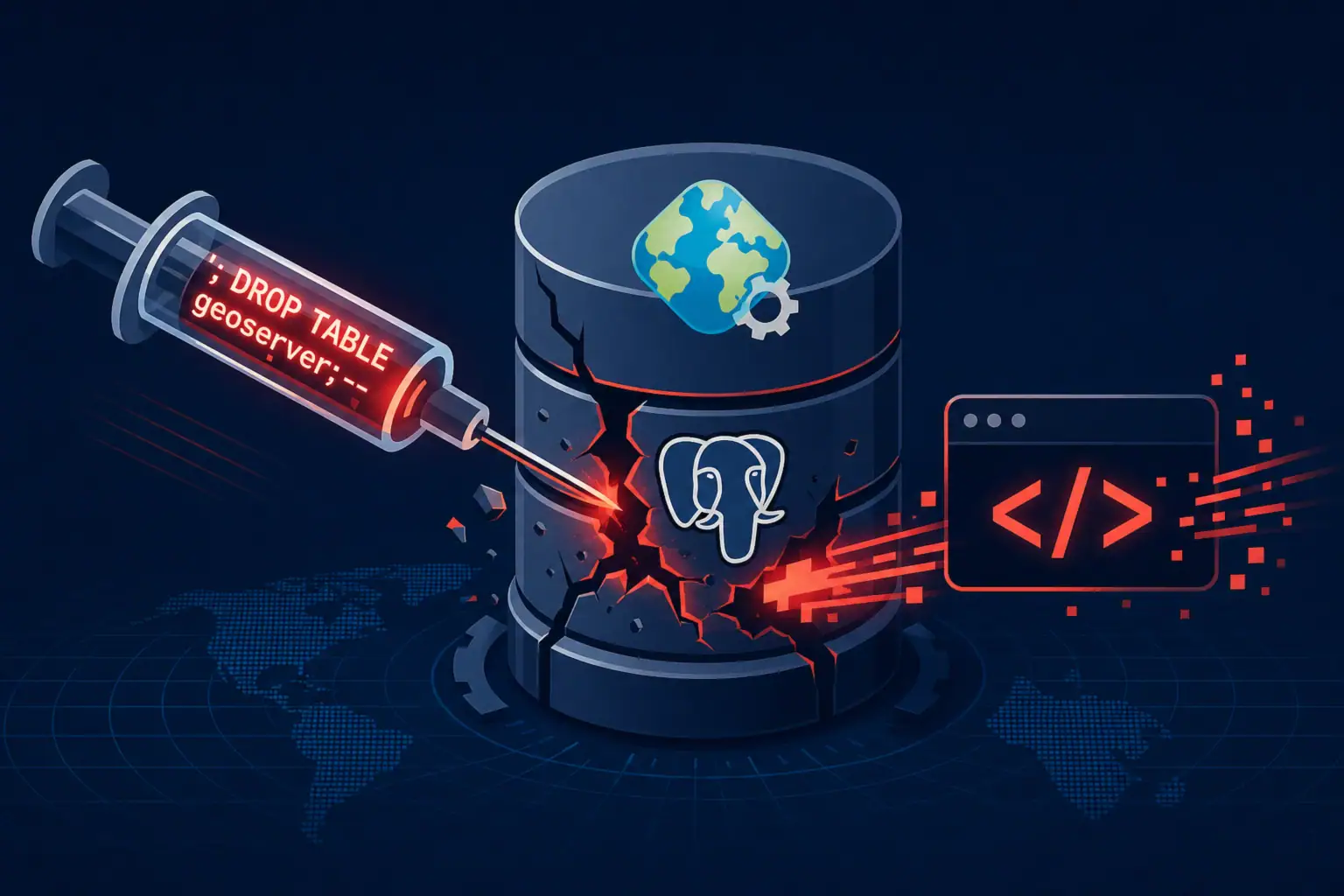Illustration of a SQL injection attack targeting a GeoServer database.