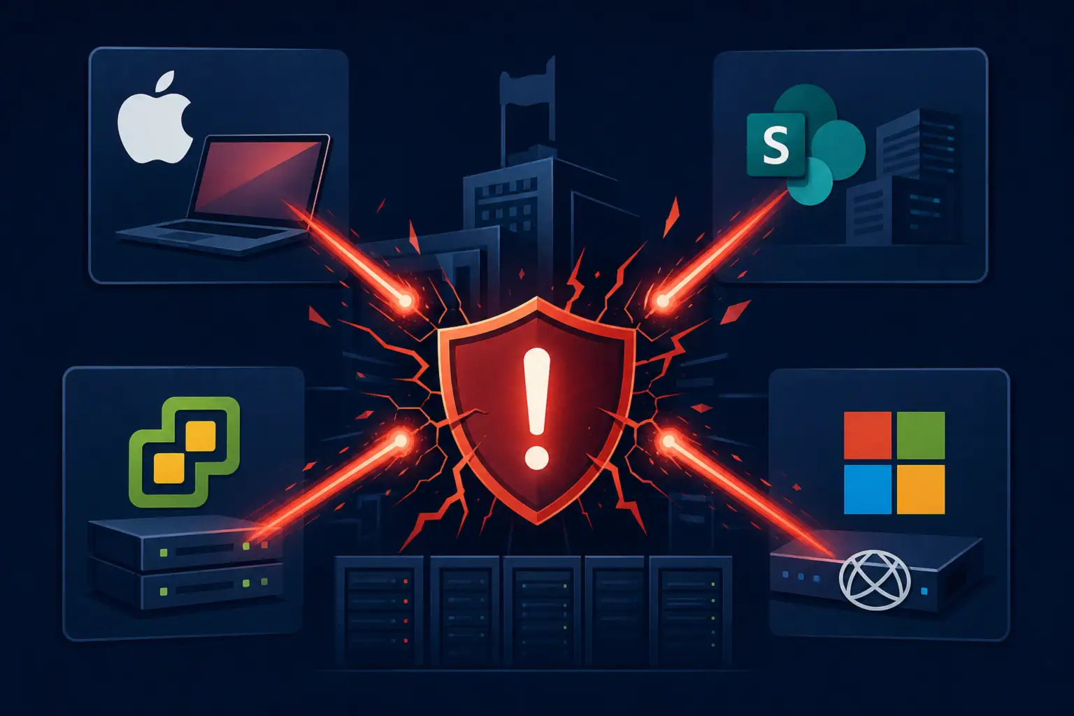 Representación de un escudo de seguridad con alertas sobre vulnerabilidades críticas.