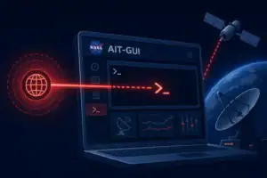 NASA AIT-GUI-Schnittstelle mit Satelliten und Weltkugel im Hintergrund.
